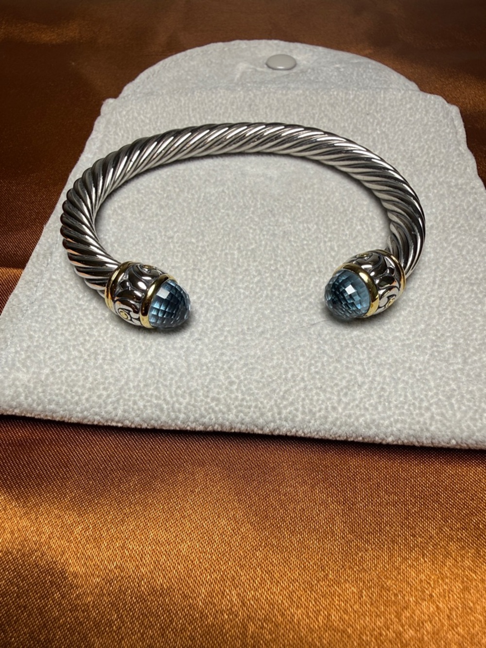 Twisted Cable Open Cuff Bracelet with Blue Gem End Caps
